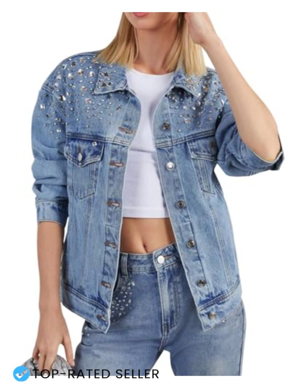 Vintage Western Denim Trucker Jacket Embellished Rhinestone Button Down